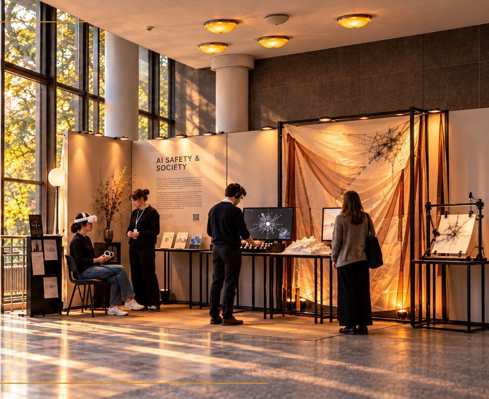 Concept image: visitors in a warmly lit foyer. One wears a VR headset, one uses a screen with a dial, another looks at a large drawing behind silk hangings. A wall panel reads AI Safety and Society.